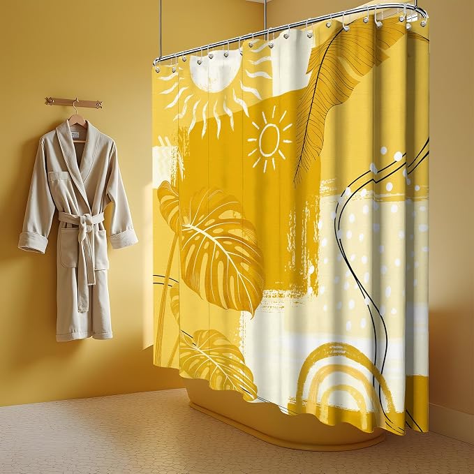 Extra Long Shower Curtain XL Mustard Yellow Leaf, 108 x 72 Inchs | for Extra Tall 108 Inchs Shower, Boho Botanical Pattern Design, Large Bathroom Decor Sets Waterproof Cloth Fabric, with Hooks
