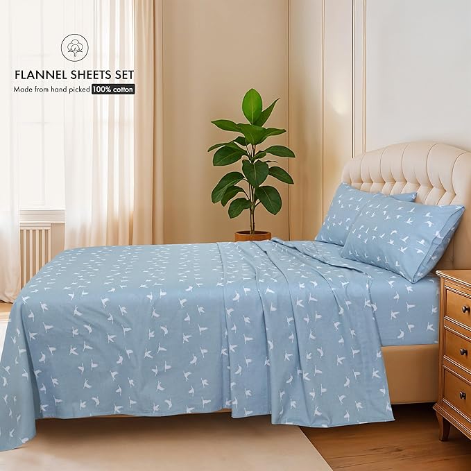 RUVANTI Flannel Sheets California King Size - 100% Cotton Brushed Cal King Bed Sheets Set - Deep Pockets 14 Inches - All Seasons Breathable & Extra Soft - Warm & Cozy, 4 Piece, We Fly