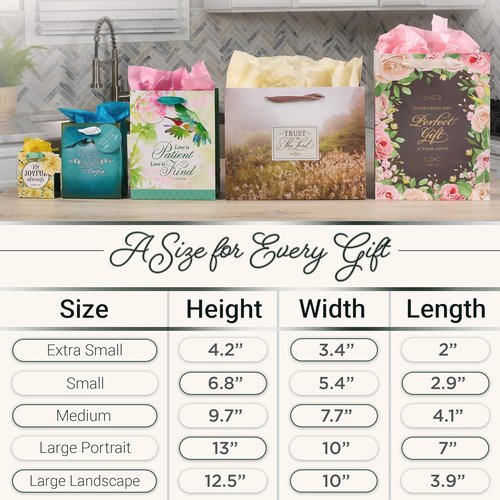 Christian Art Gifts Large Landscape Gift Bag Set - Inspirational Scripture & Floral Design, Love Is Kind Verse, Satin Ribbon Handles