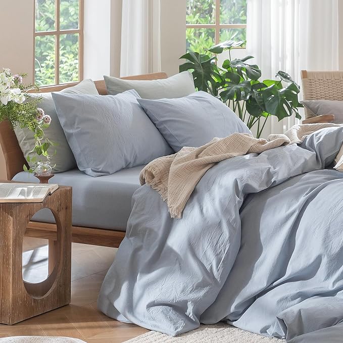MooMee Bedding Duvet Cover Set 100% Washed Cotton Linen Like Textured Breathable Durable Soft Comfy (Heathered Cornflower Blue, Alaska King 132"x120")
