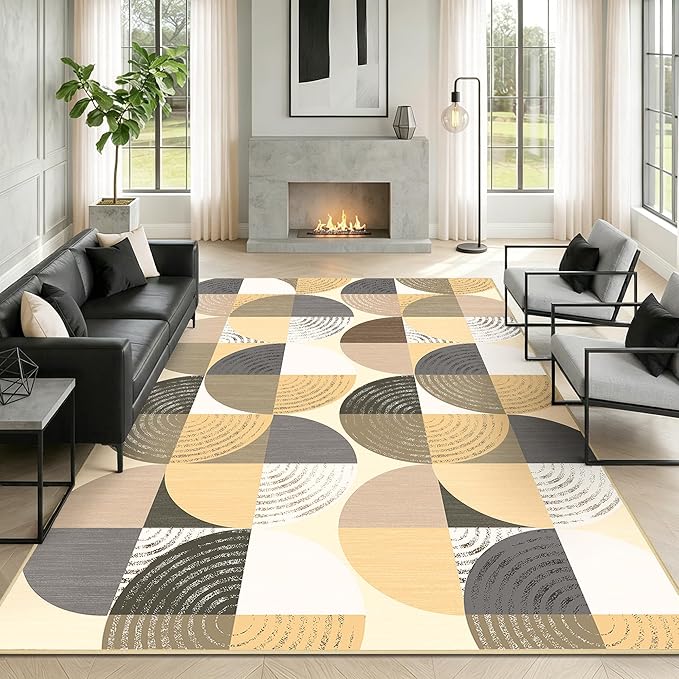 Merelax 6x9 Geometric Rugs for Living Room - Washable Non-Slip Large Bedroom Rug, Indoor Floor Carpet Low Pile Soft Area Rug for Dining Room, Mudroom, Modern Aesthetic Geometric Decor, Light Tan
