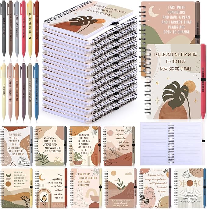 Kosiz 24 Pcs/12 Set Positive Affirmation Gifts Gratitude Spiral Notebooks with Pens Motivational Encouragement Notepads Daily Affirmations Journal for Women Valentine Galentine Gifts (Rainbow)