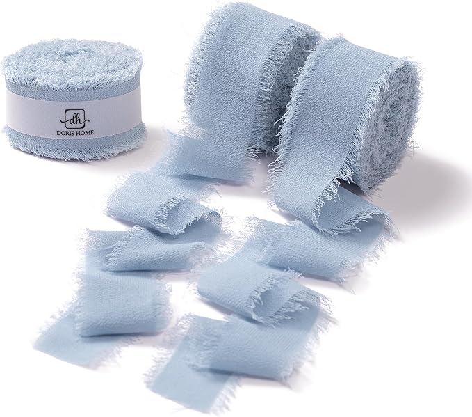 DORIS HOME Dusty Blue Chiffon Ribbon for Flower Bouquet, 1" x21Yd Fabric Ribbon for Gift Wrapping, Handmade Frayed Ribbon for Wedding Invitations/Christmas Decorations