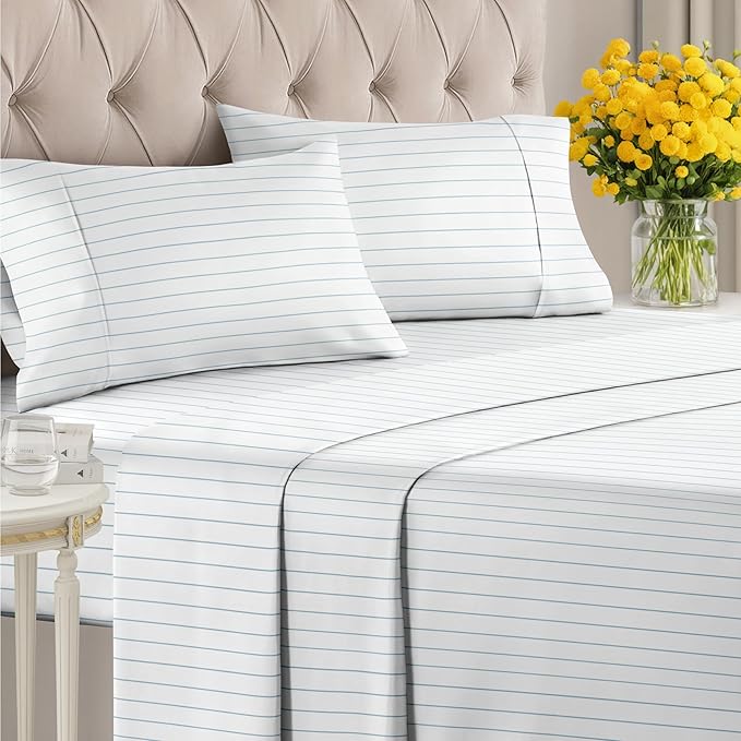 Striped Sheets - Blue & White Striped Sheets - 1 Flat & 1 Fitted & 2 Pillowcases w/ Deep Pockets – Wrinkle & Fade Free - Ultra-Soft, Breathable & Cooling – Luxury Pinstripe Bedding - Full Size Bed Set