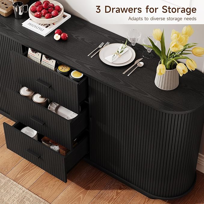 ONBRILL 63" Fluted Sideboard Buffet Cabinet with 3 Drawers & 2 Doors, Mid-Century Modern Buffet Sideboard Cabinet with Storage, Coffee Bar Table with Adjustable Shelf for Kitchen, Living Room, Black