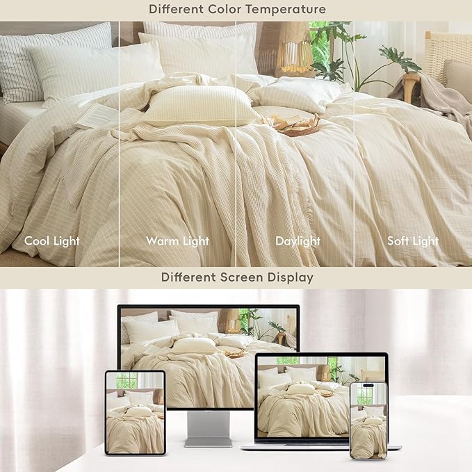 MooMee Striped Duvet Cover Set 100% Washed Cotton Linen Like Textured Breathable Durable Soft Comfy (Almond Milk Grey White Wide Stripes, Cal King 104"x98")