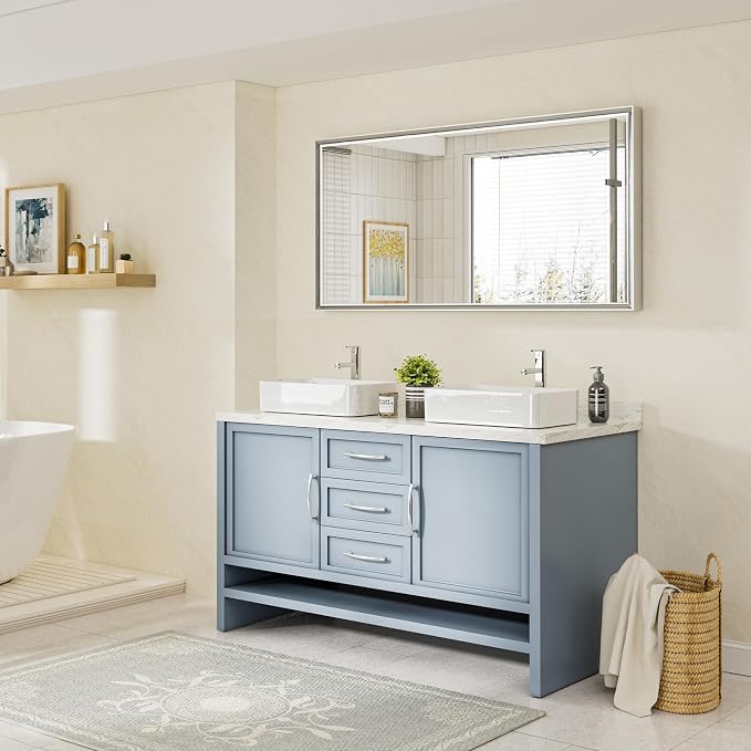 48x24 Beveled Silver Bathroom Vanity Mirror, Shatterproof Large Rectangle Metal Framed Mirror for Bathroom Wall, Anti-Rust Vertical/Horizontal Wall-Mounted Mirrors