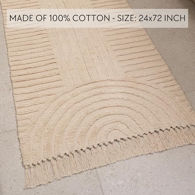 Beautiful 2x6 ft. Boho Runner Rug with Tassels for Your Hallway, Bedroom Or Living Room - Soft Cotton Carpet Fits Perfectly in Any Kitchen/Dining Space - Washable Rug Enhances Any Home Decor