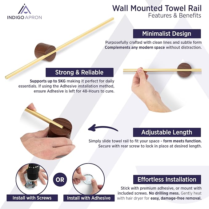 Towel Bar for Bathroom Wall, Towel Holder 20 Inch, Gold Aluminium, No Drill Adhesive or Screw Mount, Modern Minimalist Towel Rack, Kitchen & Bathroom, Wall Mounted, Wood-Look Base
