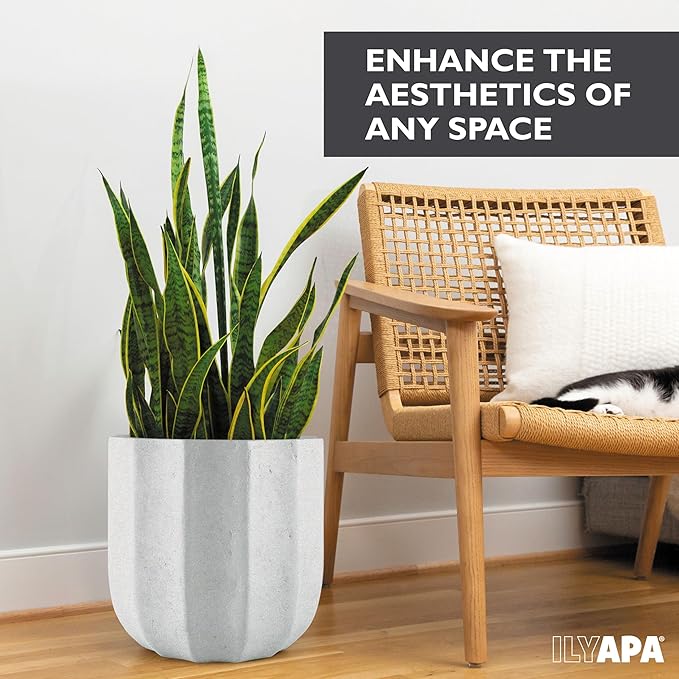 Ilyapa 14 Inch Tall Modern Concrete Planter - 14.5x14 Inch Outdoor/Indoor Plant Pots with Drainage - Cement Vase Planters for Plants, or Tree
