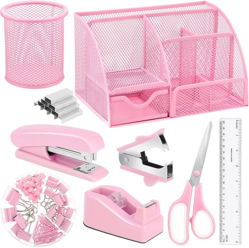 Auroray Pink Desk Organizer Set - Stylish Office Supplies with Mesh Organizer, Tape Dispenser & More