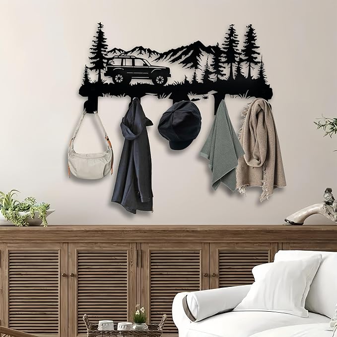 Metal Car Coat Hooks and Key Holder, Mountain Design Wall Art Decor with 5 Hooks, Clothes Hat Rack, and Backpack Hanger, Storage Decor for Living Room, Hallway, Office, Kitchen, Entryway, and Bedroom