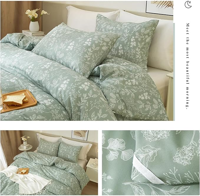 HighBuy Girl Floral Duvet Cover Twin Size Green Botanical Bedding Set with 2 Pillowcases Cozy Soft Cotton Comforter Cover Aesthetic Boho Duvet Cover Set