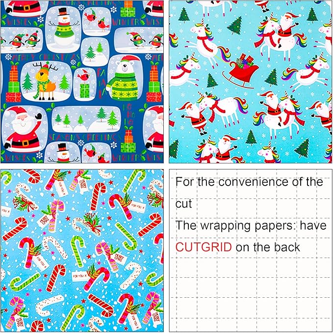 MAYPLUSS Christmas Gift Wrapping Paper - 17In x 120In Per Roll - Magic Fairytale Santa Claus and Unicorn, Santa Reindeer, Candy Christmas Winter Holiday Gift Wrap Paper for Housewarming, Party