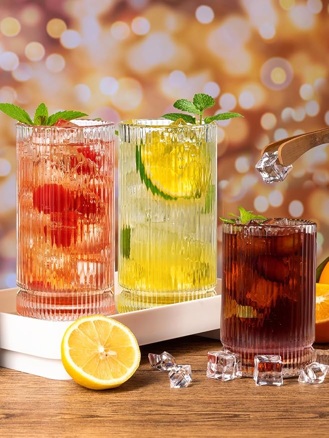 Ribbed Glassware Vintage Drinking Glasses 12Pcs - 6 Ribbed Tall Glasses 16Oz And 6 Ribbed Short Glasses 13Oz, Clear Glassware For Coffee, Cocktails, Smoothies, Juice, Beer, Water