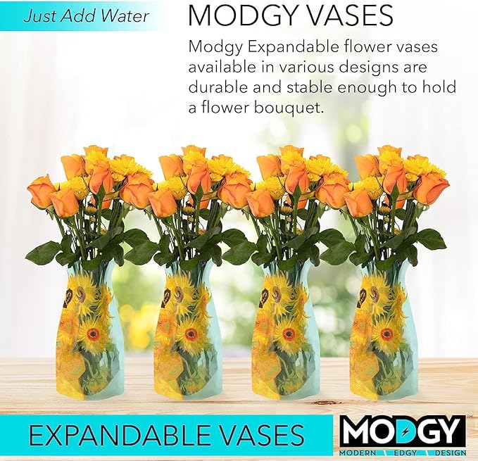 MODGY Expandable Flower Vase, Plastic Decorative Modern Foldable Printed Vases for Centerpieces for Wedding, Dining Table, Home Decor, Living Room, Bathroom, Office, Sunflowers, 4 Pack