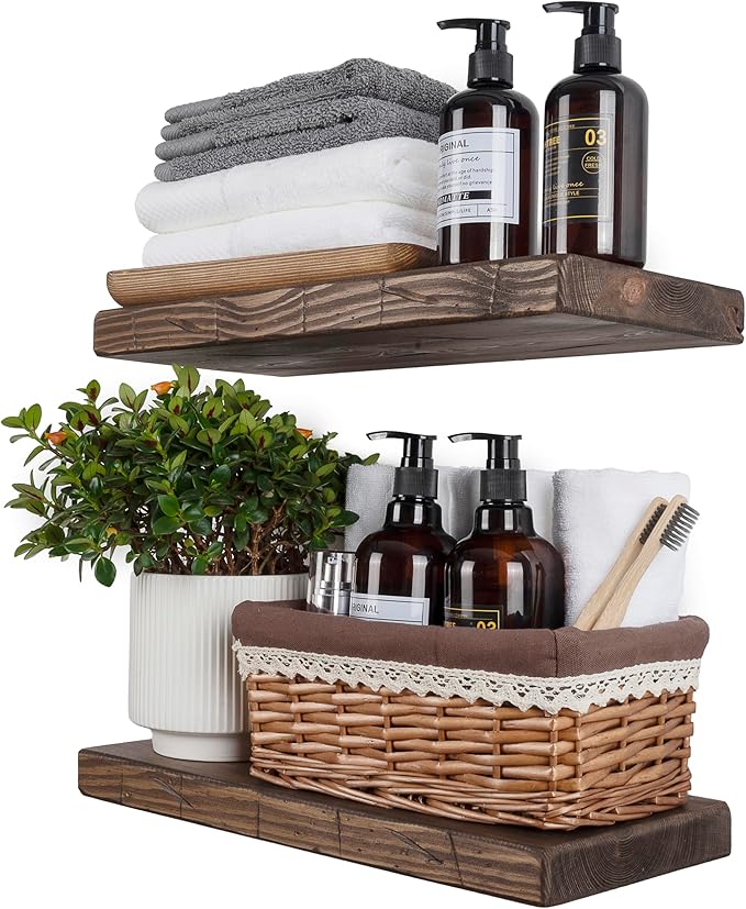 BGMG Floating Shelves 16 inch Long, Distressed Rustic Wooden Wall Shelves for Bathroom Living Room Bedroom Kitchen Farmhouse Set of 2-16x6.7x1.25 inch-Distressed Walnut