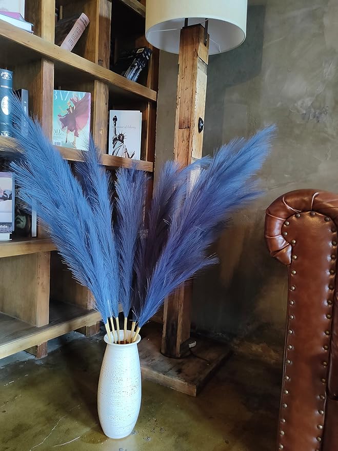 Premium Faux Pampas Grass Decor Tall & Fluffy, No Assembly Needed Long Pampas, Luxury Large Floral, Elegant Feather Flowers for Wedding Decor (Faux Dark Blue, 8pcs 43.3"(110cm))