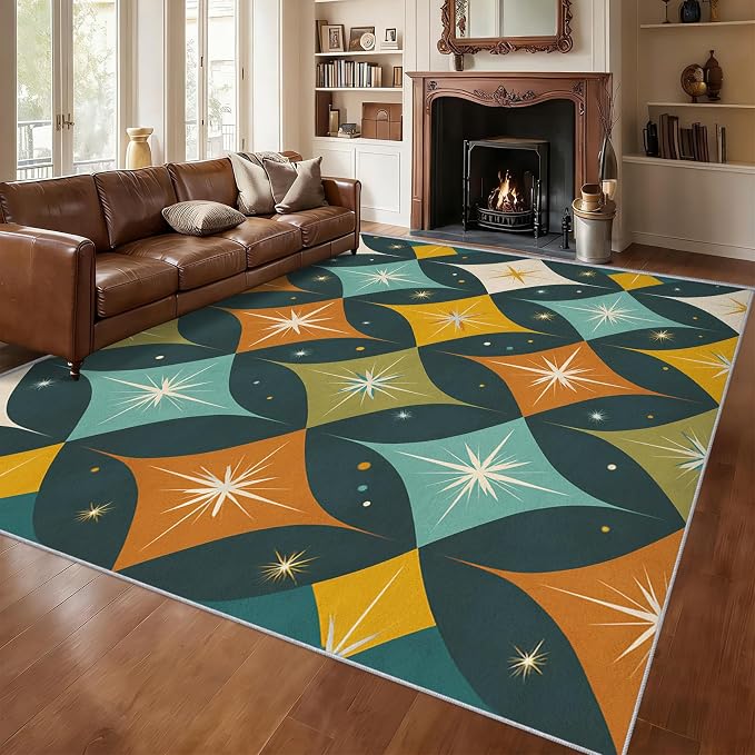Mid Century Modern Rugs for Bedroom 5x8 ft, MCM Atomic Area Rugs for Living Room, Washable Non Slip Low Pile Abstract Geometric Carpet, Home Decor PF-P 107