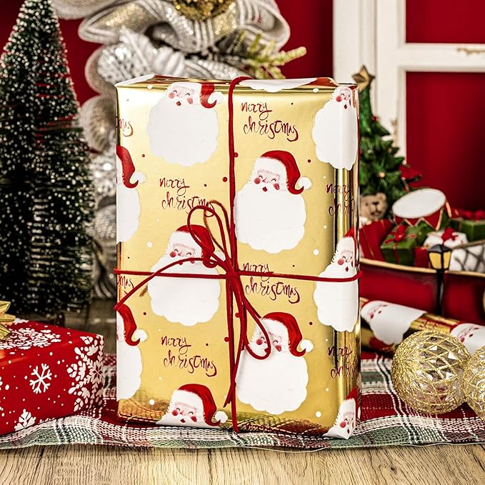 MAYPLUSS Gold Santa Claus Wrapping Paper Roll, 17IN X 33FT Red Christmas Gift Wrap Paper Featuring Merry Christmas Reversible Snowflake for Holiday New Year Kids