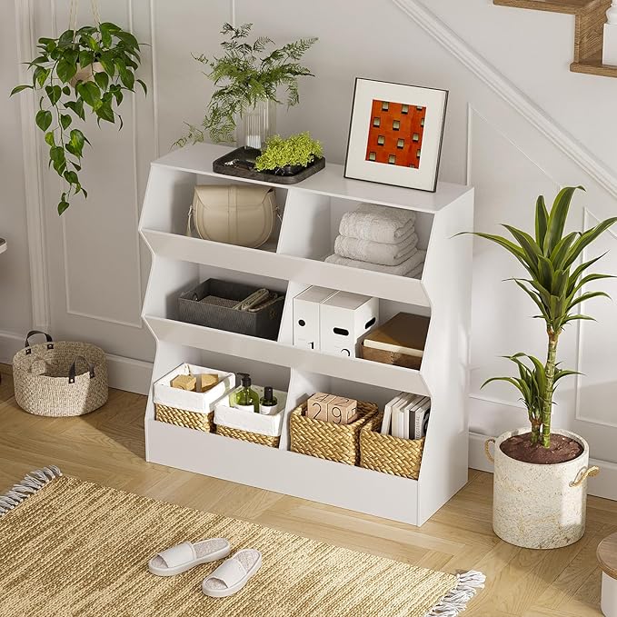 DINZI LVJ Toy Storage Organizer, Kids Bookshelf, Wooden Toy Storage Cabinet, 6 Cubby Children Bookcase, 35.4" L Toddler Book Shelf for Playroom, Living Room, Nursery, Hallway, School, White