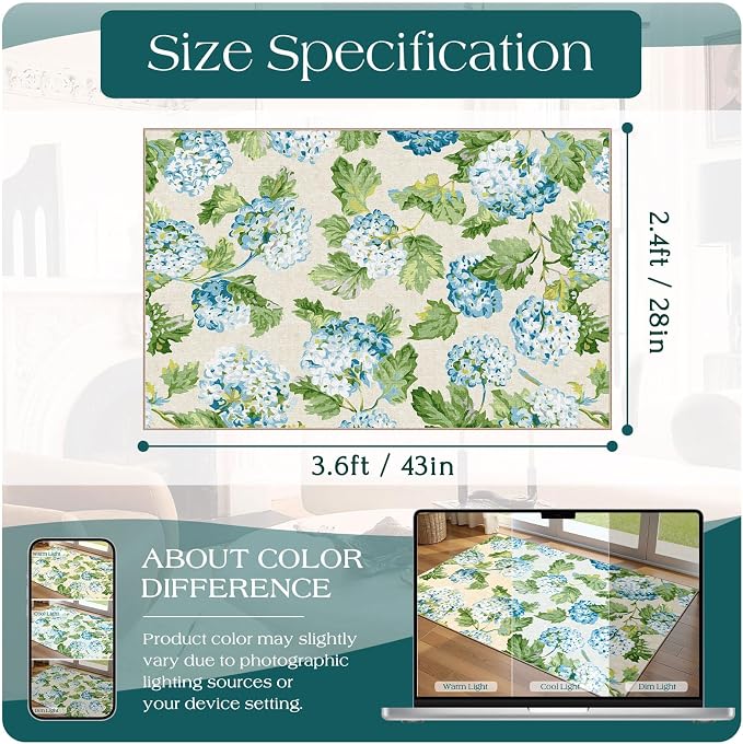 Floral Outdoor Rug - 28" x 43" Front Door Mat Indoor Outside Entrance Non-Slip Washable Outdoor Mat Light Blue Green Flower Rug for Entryway Kitchen Bedroom Layered Doormat for Front Porch