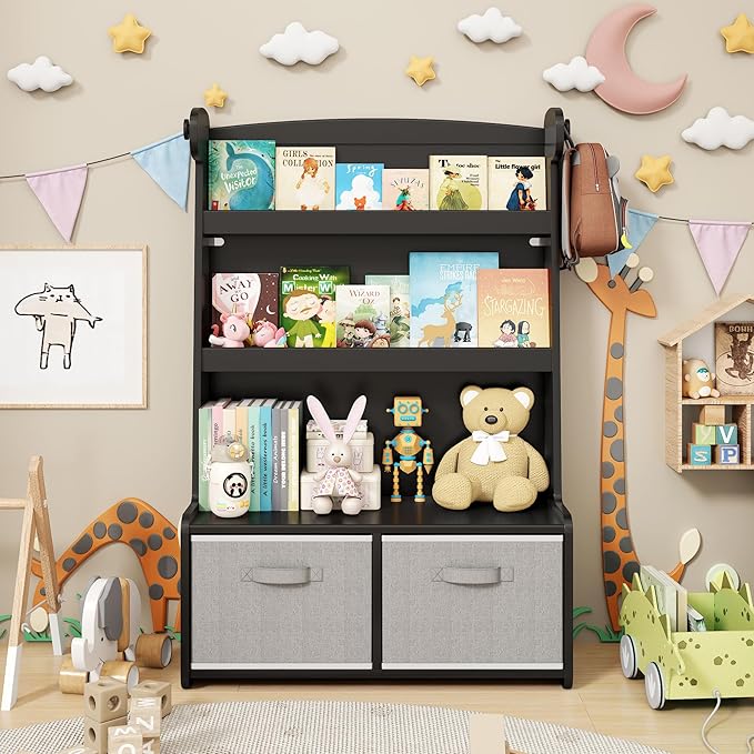 Kids Bookshelf and Toy Storage Organizer, 3 Tier Bamboo Todders Book Shelf Large Book Rack for Child Room Playroom Nursery for Kids, Children, Toddlers (Black)