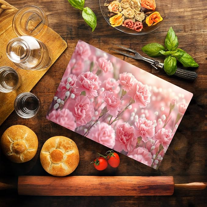 Pink Carnation Floral Pattern Flower Love Kitchen Glass Cutting Board Decorative Valentine's Mother's Day Gift For Her Flowers (Pink Carnation)