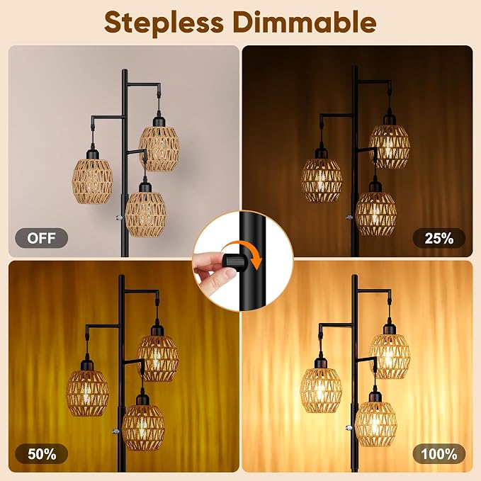 ROTTOGOON Dimmable Boho Floor Lamp - 3 Light Farmhouse Rattan Floor Lamps for Living Room, Tree Floor Lamps with Bohemian lampshades, Rustic Standing Tall Lamps for Bedroom, Office, 68", 6W, Black
