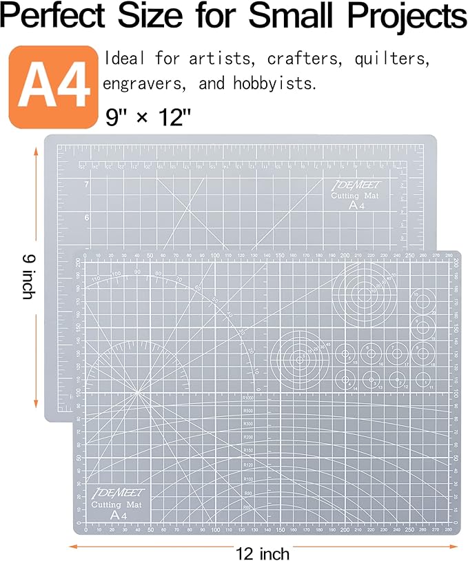 Density-upgraded 9"x12" Self Healing Cutting Mat, Idemeet Rotary Sewing Mat for Crafts, 5-Ply Blade Table Protector Cut Board for Fabric Leather Cutting Quilting Modeling Hobby Project, A4, Gray