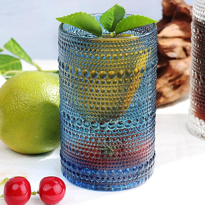 Hobnail-Drinking Glasses 13oz Vintage Glassware Sets Cocktail Juice Glasses Set of 6, Sapphire