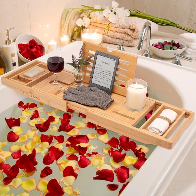 Temple Spring Bamboo Bathtub Tray Caddy for Tub — Expandable Wood Bath Tray with Solid Book Stand Wine Holder and Non-Slip Pads — Includes Bamboo Soap Dish and Spa Accessories — Luxury Bath Gift Set