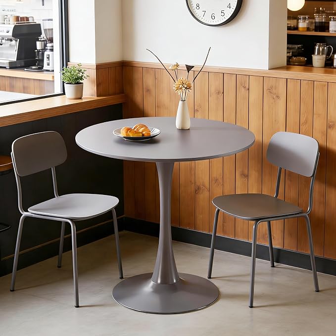 31.5" Tulip Table for 2-4 Persons Modern Round Dining Room Table, Mid-Century Modern Grey Small Kitchen Table with MDF Wooden Top, Leisure Coffee Table for Living Room, Dining Room, Office