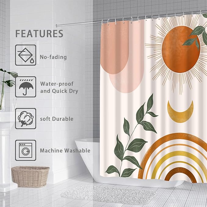Mid Century Abstract Boho Aesthetic Shower Curtain Set, Green Nature Leaf Sun Modern Minimalist Home Bathroom Curtain Decor with 12 Hooks 72 Inch Wide * 84 Inch High