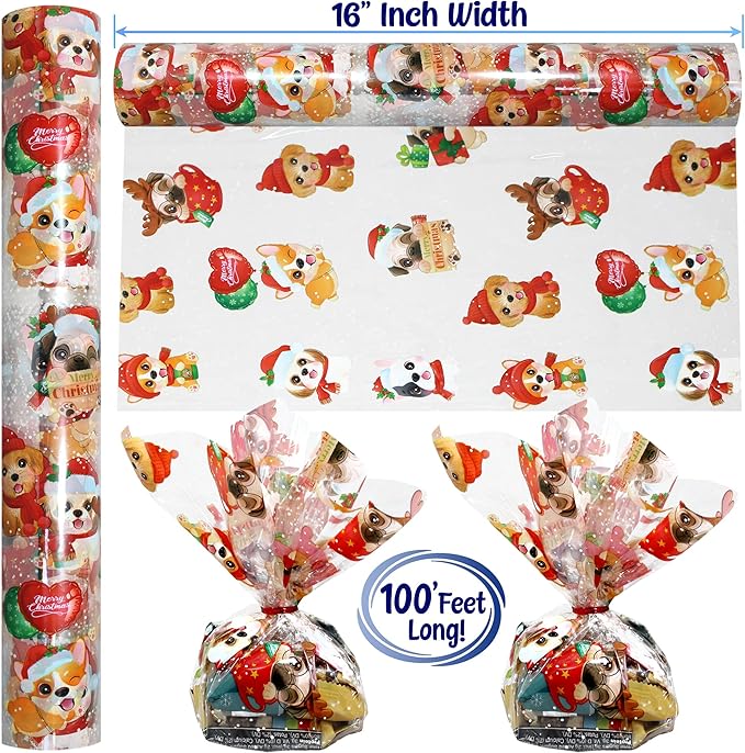 AnapoliZ Christmas Cellophane Wrap Roll | 100’ Ft Long X 16” in. Wide | 2.3 Mil Crystal Clear Christmas Puppies Cellophane | Gifts, Baskets, Treats Cello Wrapping Paper | Christmas Puppies Cello Roll
