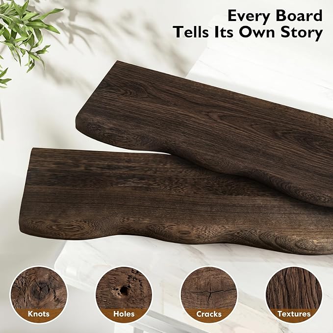 Solid Wood Live Edge Floating Shelves Set of 2 – 36" Rustic Wall Shelf with Hidden Bracket System, Wall Mounted Shelves for Bathroom, Kitchen, Living Room, Bedroom (Charcoal Brown)