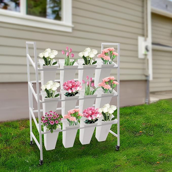 3-Layers Flower Display Stand Metal Plant Holder with 12PCS Buckets Moving Plant Cart Shelf Flower Shelf for Florist Garden Patio,3.28 * 1.84 * 4.04ft (White Frame With White Buckets)