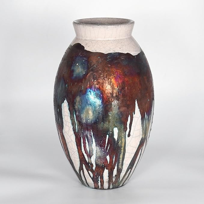 RAAQUU Large Oval Ceramic Half Copper Matte Vase S/N0000186 13.5" Raku Clay Pottery Handcrafted Art Home Décor Table Centerpiece Unique Gift for Her, Mom
