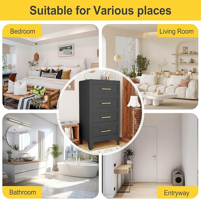 4 Drawers Tall Black Dresser for Bedroom, 44.45" Metal Dressers & Chests of Drawers Curved Corner Design, Storage Organizer Drawer Chest with Large Capacity for Living Room, Entryway, Hallway