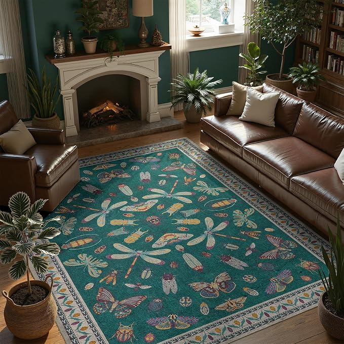 DCX 4x6 Washable Insect Rug, Vintage Gothic Deep Teal Rug with Non-Slip Rubber Backing, Soft Low-Pile, Stain-Resistant, Kid & Pet Friendly, for Living Room, Bedroom, Office, and Nature-Themed Decor