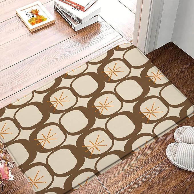 Mid Century Modern Bath Mat Abstract Atomic Geometric Retro 1950s Brown Bathroom Kitchen Toilet Rugs,24x48 Inch