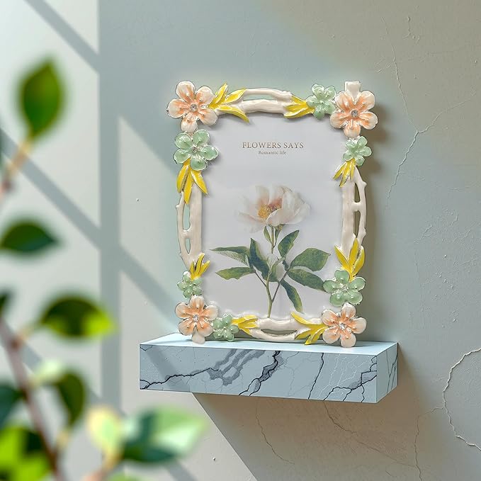 4X6 Wedding Picture Frame with Enamel Finis Glass Front - Ornate Antique Pink and Green Flowers Photo Frame Tabletop/Wall Vintage Display Gifts for Women