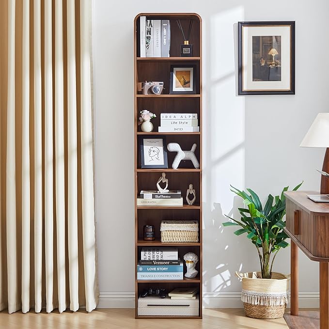 Tall Narrow Curved Bookshelf, 8-Tier Skinny Arch Bookcase for Small Space, Freestanding Storage Organizer with Adjustable Shelves, Open Display Shelves for Living Room, Entryway Bathroom (Walnut)