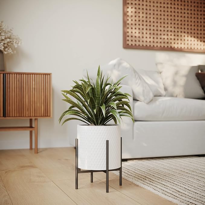 EverNest Claire Mid-Century Modern White Planter and Stand, Indoor Plant Pot, SelectBase, Minimalist Aesthetic, Home Decor for Plants - (Black Base, Medium)