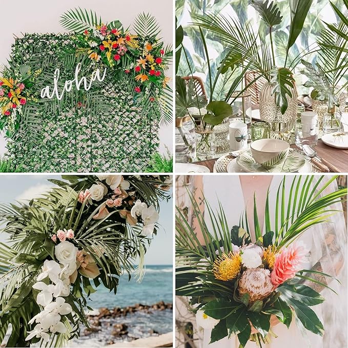 CCINEE 16 PCS Artificial Palm Leaves, Faux Large Palm Fronds Fake Tropical Plant Simulation Safari Leaves with Stems for Home Hawaiian Luau Party Jungle Beach Theme Party Decoration