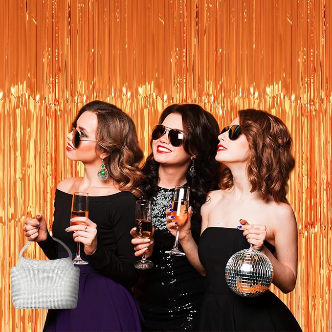 2 Pack 3.2x8.2 Feet Orange Foil Fringe Backdrop Curtains, Metallic Tinsel Photo Booth Backdrop Streamers Birthday Party Decorations, Halloween Baby Shower Disco Basketball Party Supplies