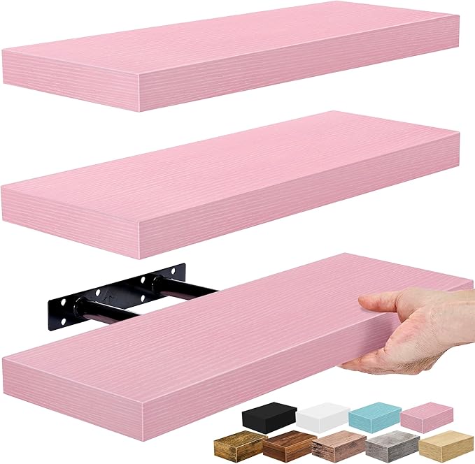 Sorbus Floating Shelves for Wall – 16 Inch Floating Shelf for Kitchen, Bedroom, Living Room, Bathroom, Home & Wall Decor - Mounted Bathroom Shelves with Invisible Brackets (Soft Pink, 3 Pack)