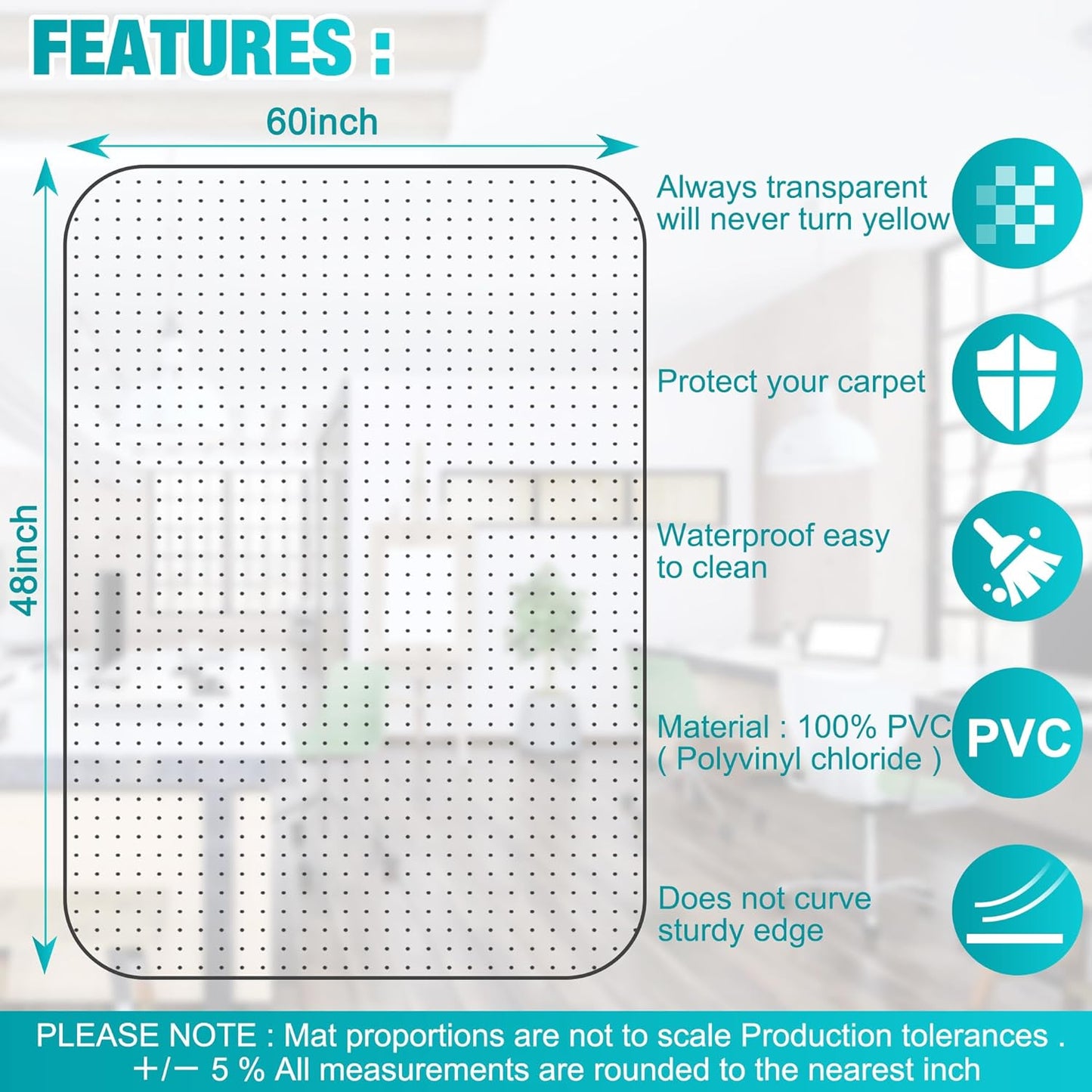 Skiennix Office Chair Mat - Thick Clear Carpet Protector, 48'' x 60'' | Easy Glide & Non-Curling Design