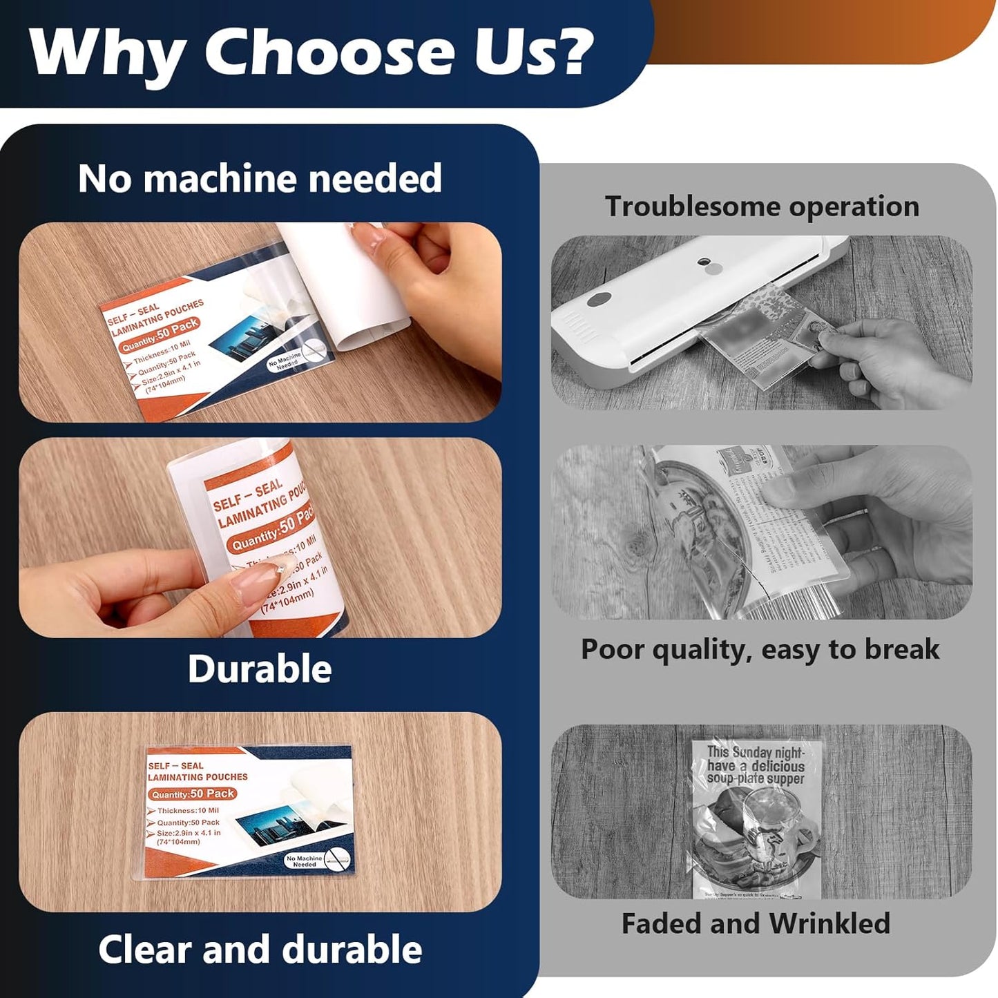 Skiennix Self-Sealing Laminating Pouches - 100 Pack, 10 Mil, 2.9"x4.1" for Business Cards | No Laminator Needed