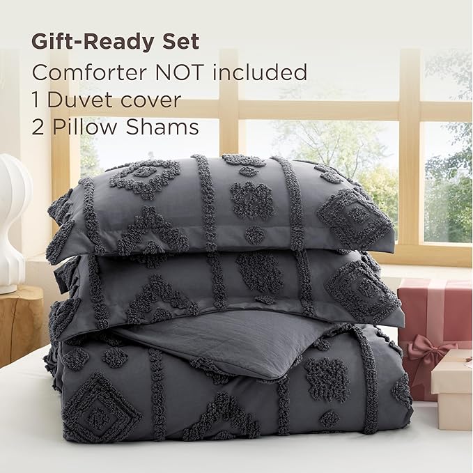 Bedsure Boho Duvet Cover King - Dark Grey Tufted Boho Bedding, Farmhouse Shabby Chic Embroidery Bedding for All Seasons, 3 Pieces, 1 Soft Jacquard King Comforter Cover and 2 Pillow Shams